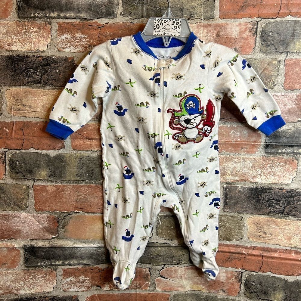 5 for $25🔥3-6M Baby Boys Faded Glory Monkey Pirate Foot Sleeper Bodysuit‎